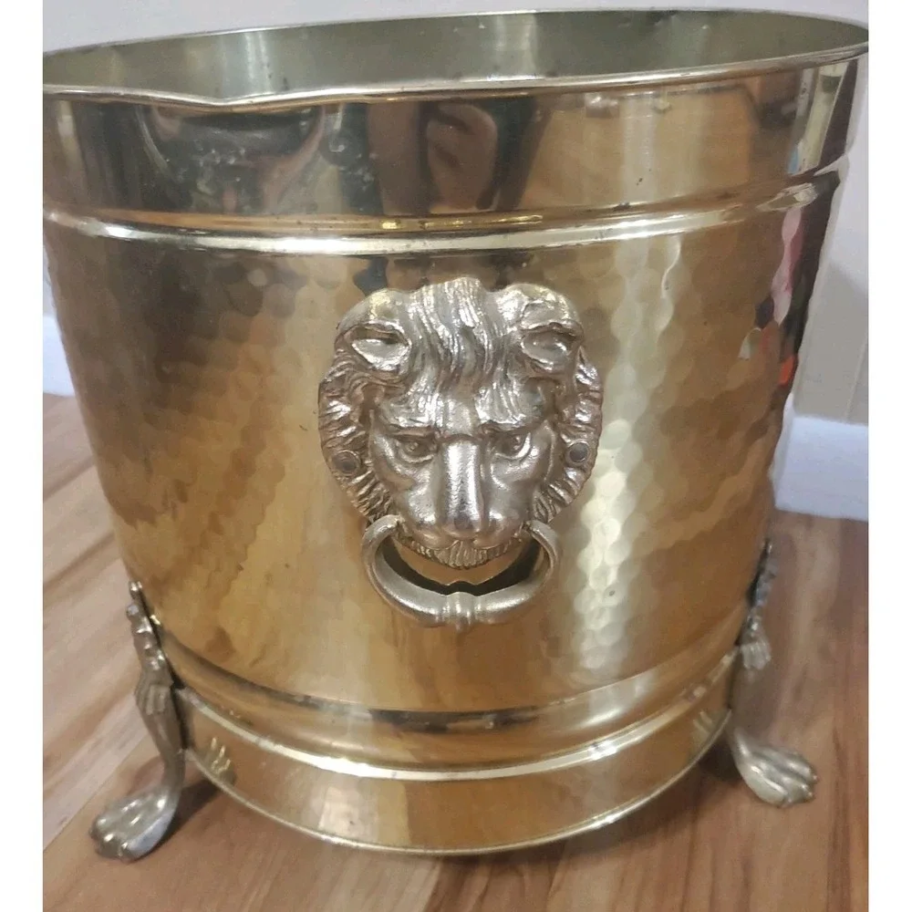 Vintage Brass Lion Head Planter Hollywood Regency Footed Cachepot Plant Pot